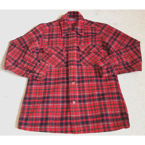 VINTAGE 60s Mens Shirt-PENDLETON-red plaid 100% virgin wool buttondown-S